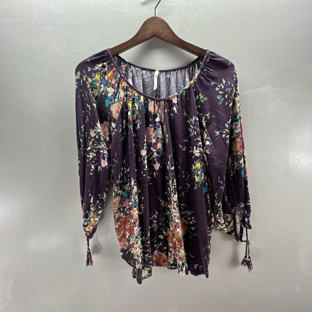 Michael Farrell Top Womens Large Floral Peasant Bohemian Beaded Tunic Blouse